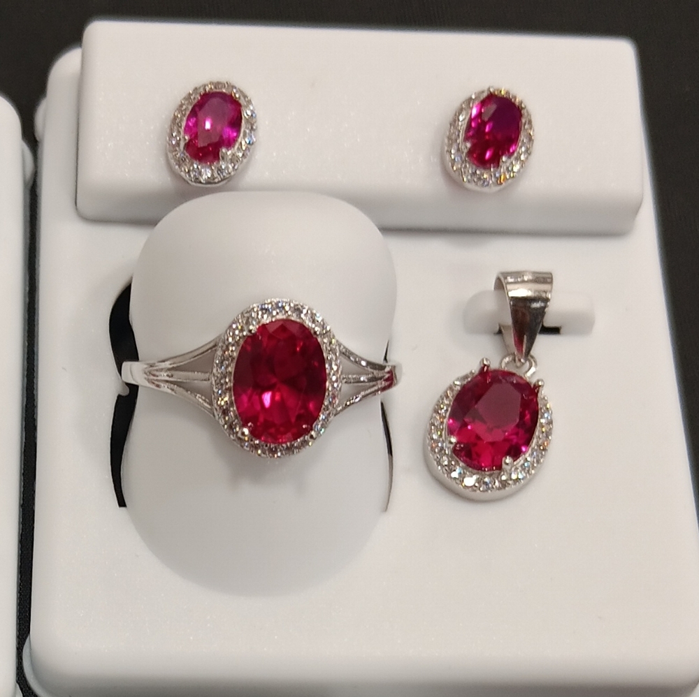 925 RUBY Oval Cut CZ Ring, Earring , Charm Sterling Silver Set Ensamble